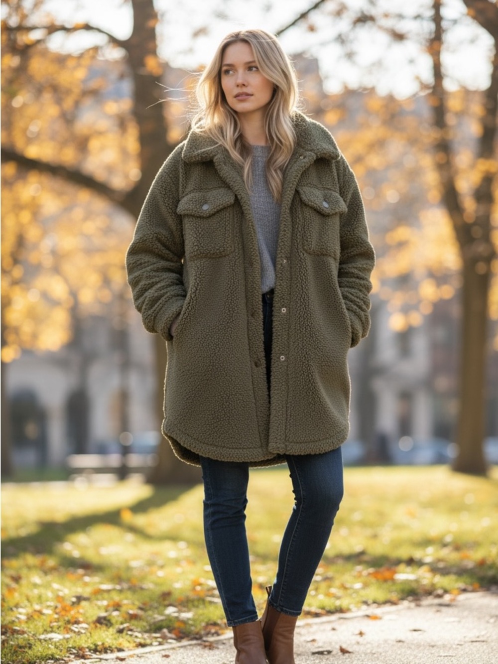 Women's Olive Green Teddy Sherpa Shacket
